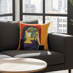 Picasso Cushion - Portrait de Dora Maar (1937) featuring a colorful abstract portrait of a woman's face with Picasso's signature style.
