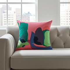 Colorful abstract Florent Groc Cushion - Massif de l'Etoile with pink, green, blue, and black shapes, artwork by artist Florent Groc