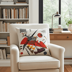 Kandinsky Cushion - Orange (1923) with a vibrant geometric pattern featuring various shapes in red, orange, and other colors on a light background, inspired by Kandinsky painting