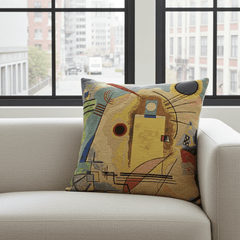 Kandinsky Cushion - Jaune Rouge Bleu Extrait 2 (1925) with an abstract geometric pattern in yellow, red, and blue, with a visible textile weave, inspired by Kandinsky painting