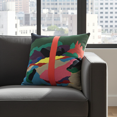 Colorful abstract-patterned Florent Groc cushion - Aire de la Moure with a vertical orange stripe, artwork by artist Florent Groc