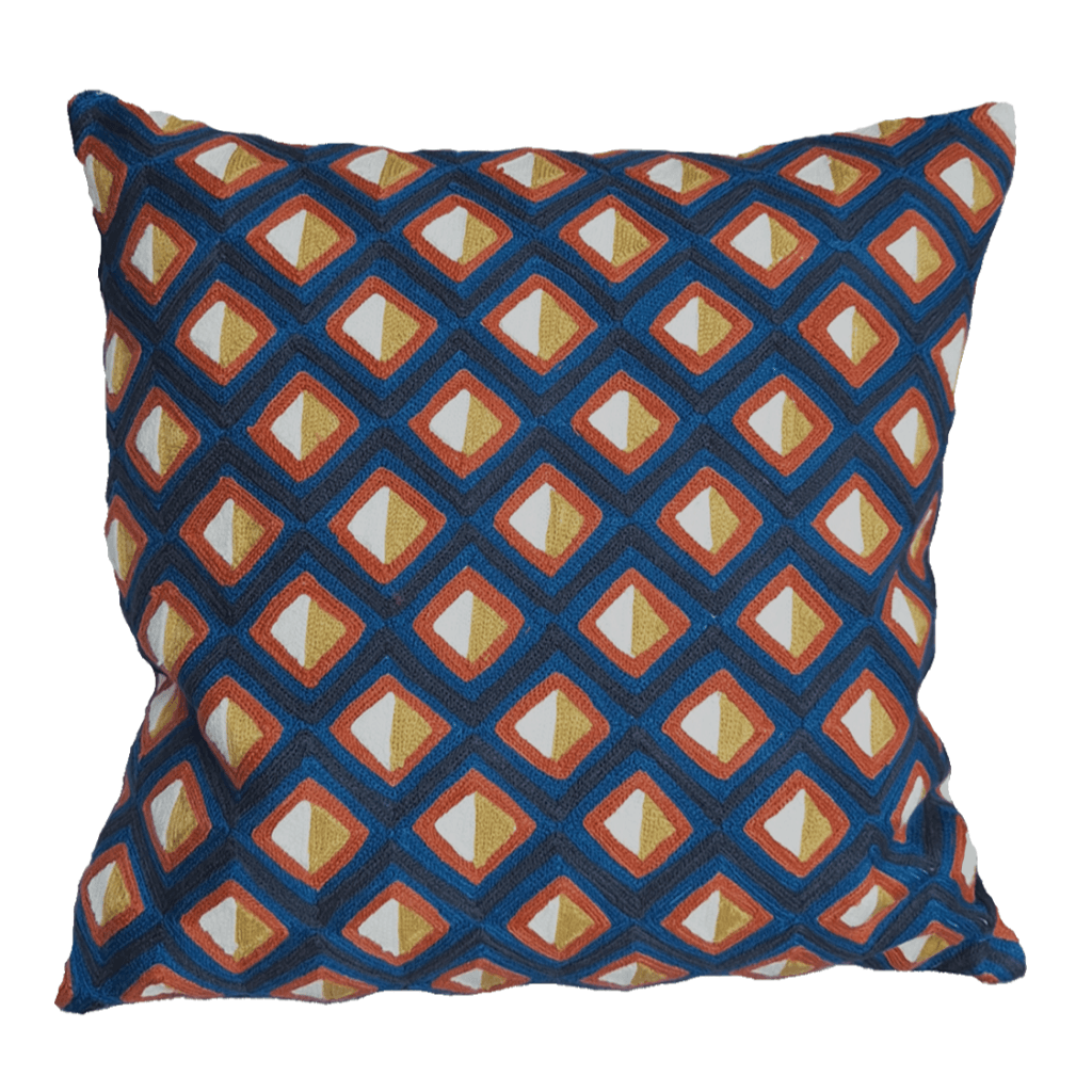 Adama Embroidered Cushion with colorful geometric pattern showcasing detailed stitching and vibrant textures.