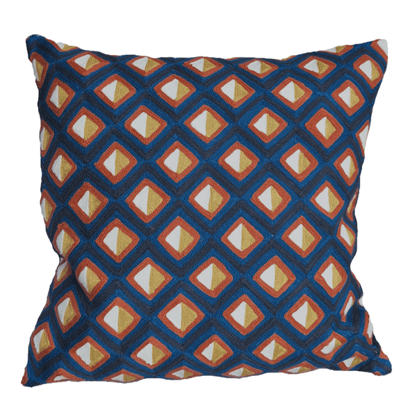 Adama Embroidered Cushion with colorful geometric pattern showcasing detailed stitching and vibrant textures.