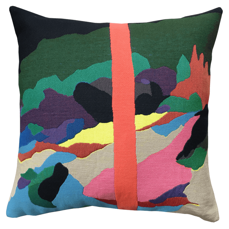 Colorful abstract-patterned Florent Groc cushion - Aire de la Moure with a vertical orange stripe, artwork by artist Florent Groc