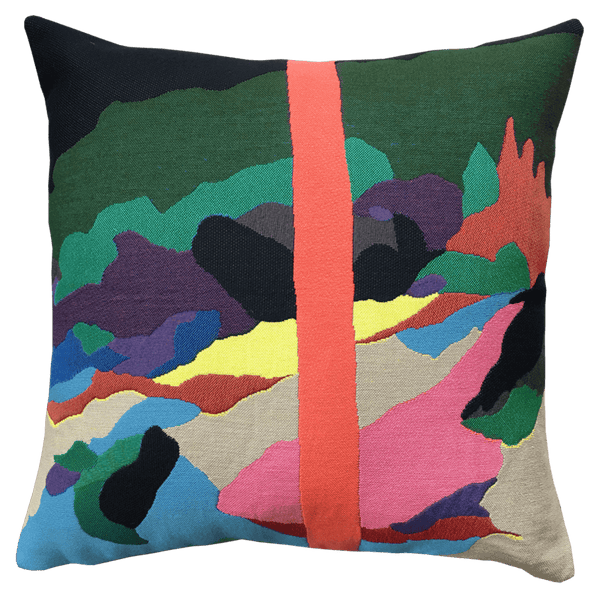 Colorful abstract-patterned Florent Groc cushion - Aire de la Moure with a vertical orange stripe, artwork by artist Florent Groc