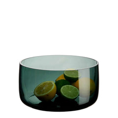 A hand-blown, solid-colored Ajana Bowl Green with a shiny finish in grey color, featuring clear lines around the edge and a thick glass base, by ASA selection