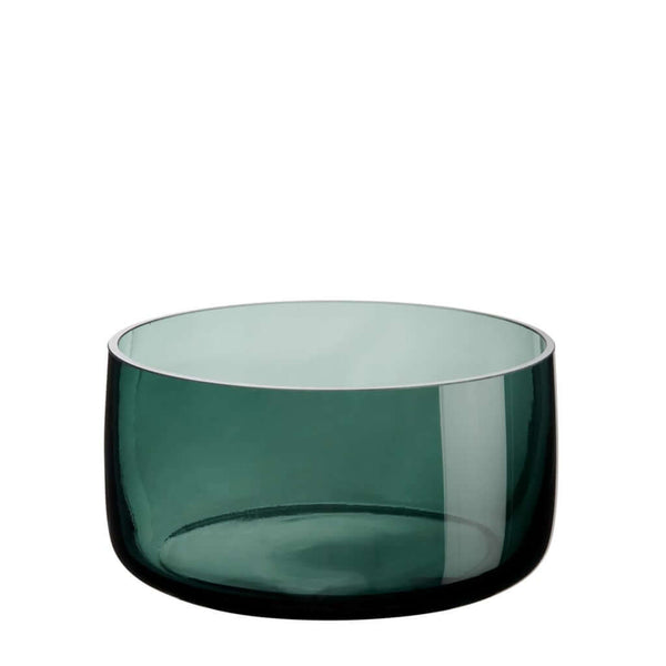A hand-blown, solid-colored glass bowl with a shiny finish in green color, featuring clear lines around the edge and a thick glass base, by ASA selection