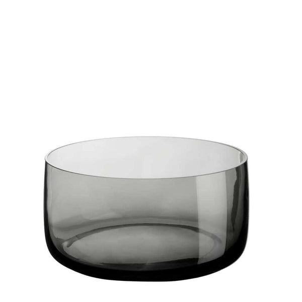 A hand-blown, solid-colored glass bowl with a shiny finish in grey color, featuring clear lines around the edge and a thick glass base, by ASA selection