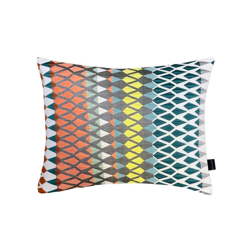 Algarve Rectangle Cushion with a geometric pattern in orange, yellow, and teal colors, by Margo Selby