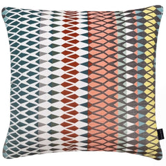 Algarve Square Cushion with a geometric pattern featuring a mix of orange, yellow, and teal colors, by Margo Selby