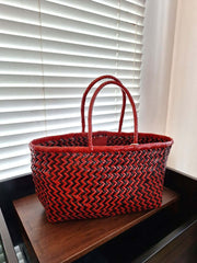 Dragon Diffusion Bamboo Triple Jump Big Brown Red woven leather basket with a zigzag pattern 