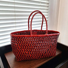 Dragon Diffusion Bamboo Triple Jump Big Brown Red woven leather basket with a zigzag pattern 