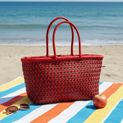 Dragon Diffusion Bamboo Triple Jump Big Brown Red woven leather basket with a zigzag pattern 