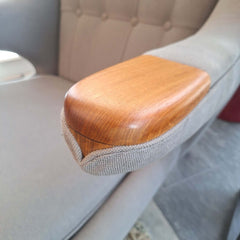 Mid century wingback Bear Hug Armchair Grey Linen with teak armrests and legs