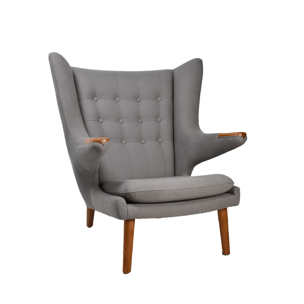 Mid century wingback Bear Hug Armchair Grey Linen with teak armrests and legs