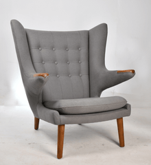 Mid century wingback Bear Hug Armchair Grey Linen with teak armrests and legs