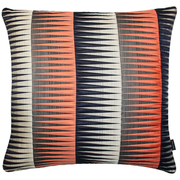 Blaze Square Cushion with a geometric pattern consisting of isosceles triangles in navy and burnt sienna colors, and a horizontal pinstripe ombré, by Margo Selby 