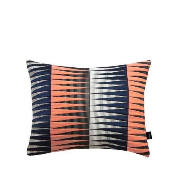 Blaze Rectangle Cushion with a geometric diamond pattern in Black and burnt sienna colors, featuring a horizontal pinstripe design, by Margo Selby.