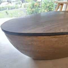 Boat Coffee Table with dark marble top and antique brass finish aluminium base 