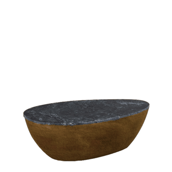 Boat Coffee Table with dark marble top and antique brass finish aluminium base 