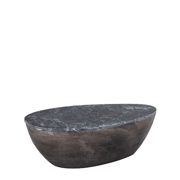 Boat Coffee Table featuring a unique boat-shaped base in blackish bronze finish and oval black marble top.