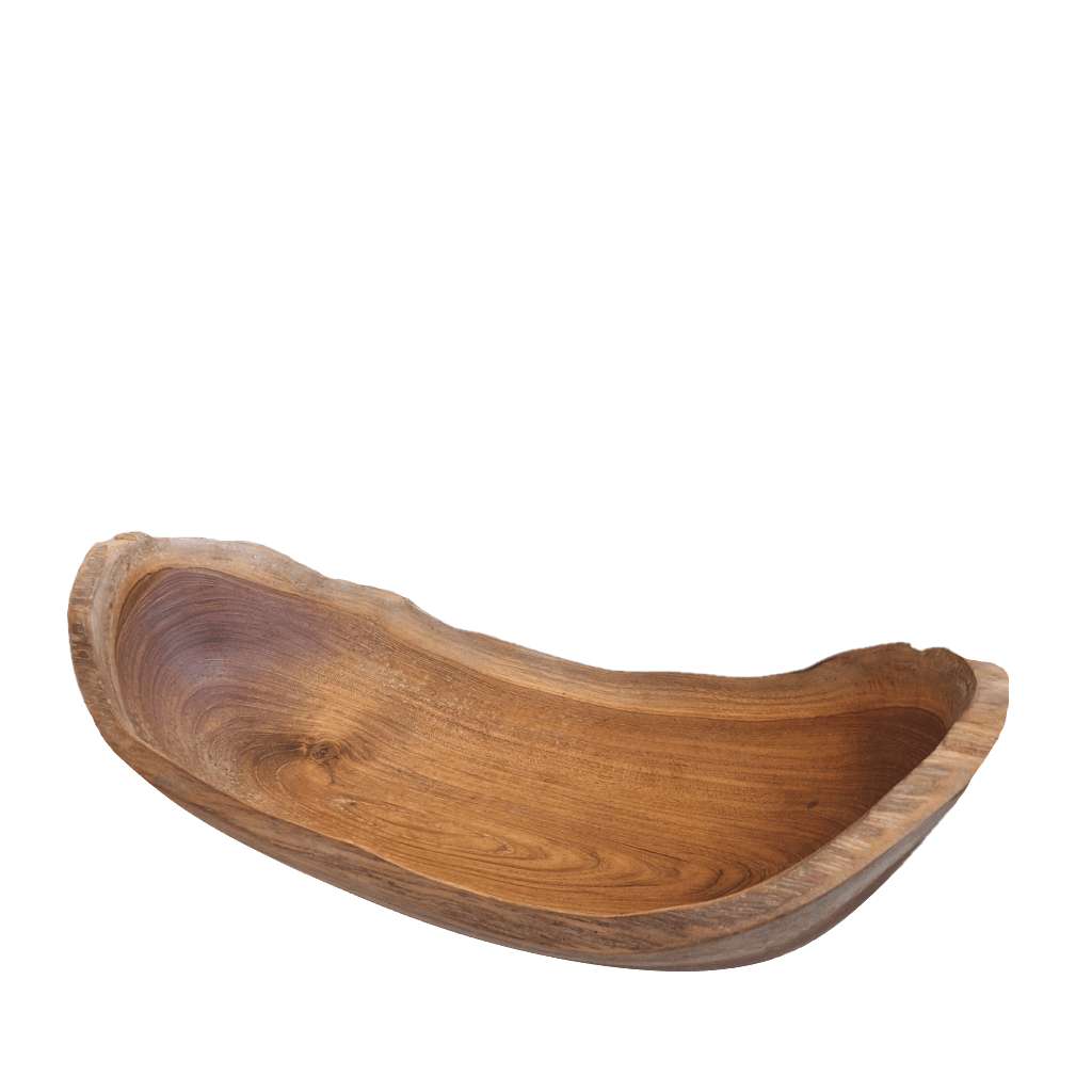 Handcrafted Bread Bowl Large Teak in a natural boat form with flowing grain and organic detailing. Each piece is unique, bringing warmth and character to any table setting or interior.