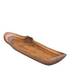 Handcrafted Bread Bowl Small Teak in a natural boat form with flowing grain and organic detailing. Each piece is unique, bringing warmth and character to any table setting or interior.