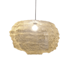 Handwoven pendant light made of copper wire mesh in gold finish