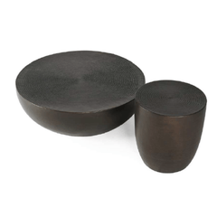Two drum-shaped aluminium Congo Coffee Table and Congo Side Table with a bronze finish.