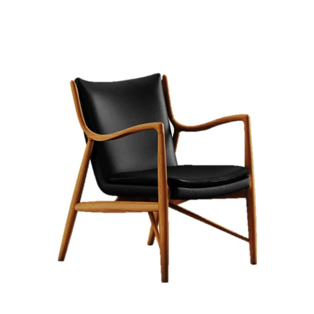 Cynthia Armchair Black Leather seat and backrest in teak natural finish