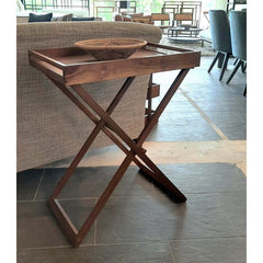 A rectangular brown wooden side table with folding legs, known as a Dulang Side Table.