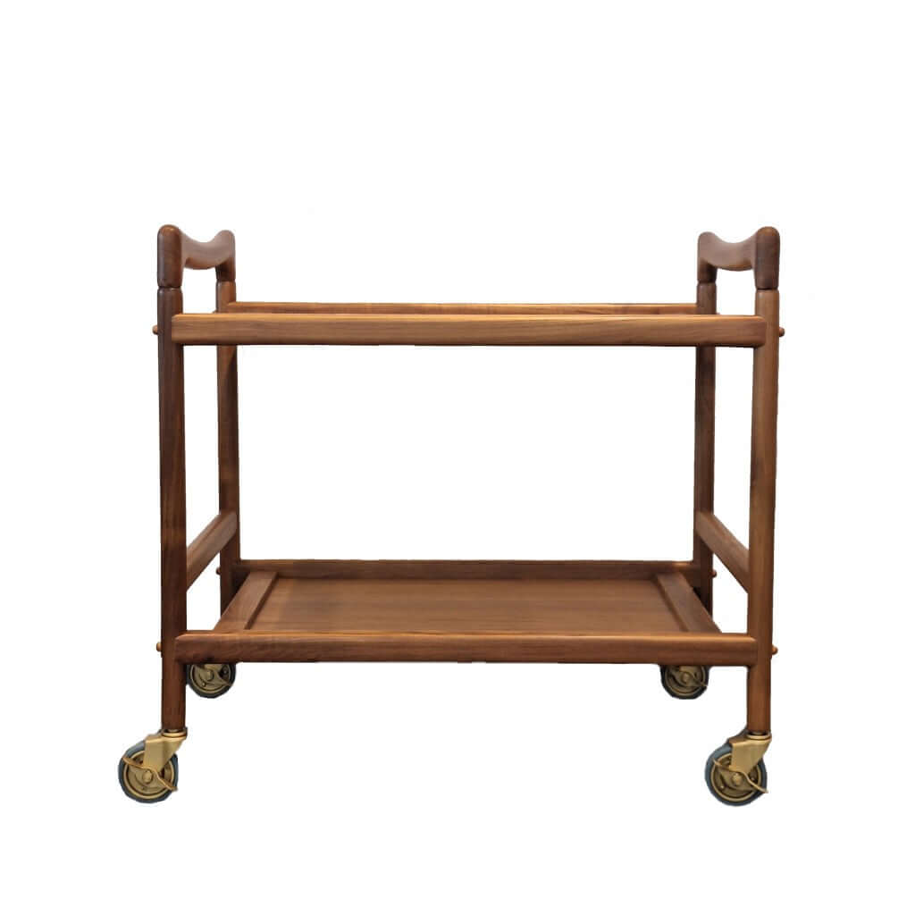 Teak bar cart with two shelves on wheels and handles on both sides