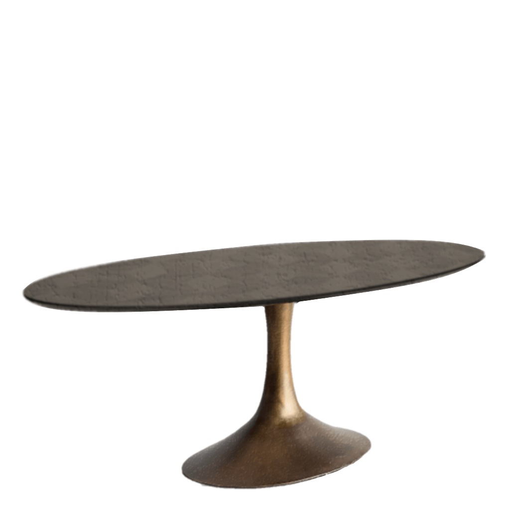 Oval-shaped aluminium Eclipse Dining Table with blackish bronze finish top and antique brass finish base 
