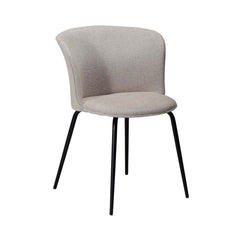 An off white fabric upholstered dining chair with a curved backrest and straight, conical metal legs.
