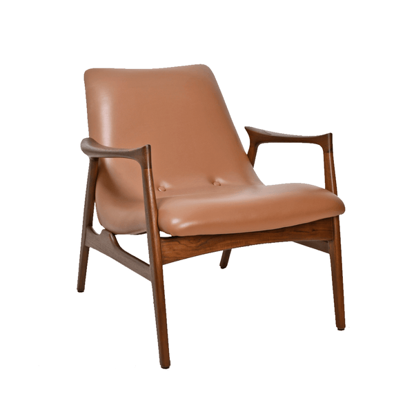 Eyes Lounge Chair Tan Leather with teak armrests and legs