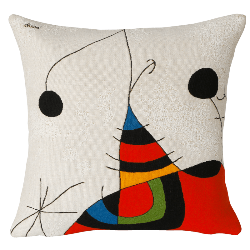 Miro Cushion - Femme Oiseau Etoile Extrait 2 (1966/1973) with abstract design by artist Miro, featuring colorful shape