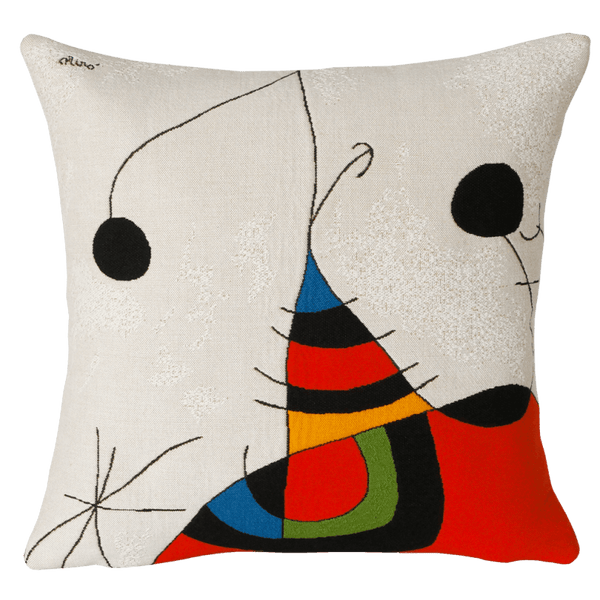 Miro Cushion - Femme Oiseau Etoile Extrait 2 (1966/1973) with abstract design by artist Miro, featuring colorful shape