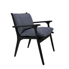 A black ash wood frame dining armchair with upholstered dark grey fabric seat and backrest.