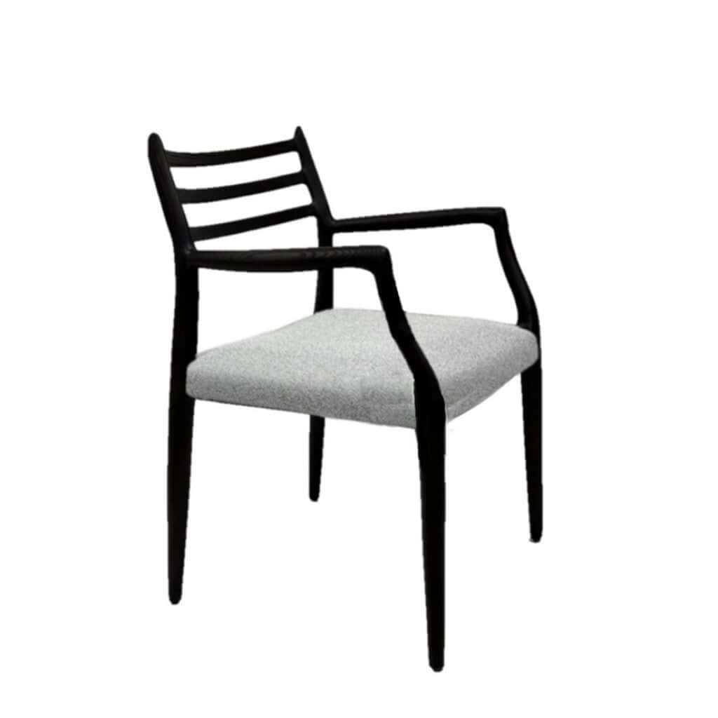 A black solid ash wood frame dining chair with a light grey upholstered seat and backrest.