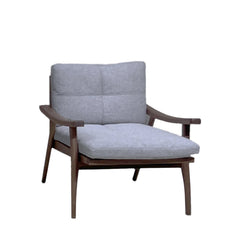A walnut frame armchair with loose back and seat cushions