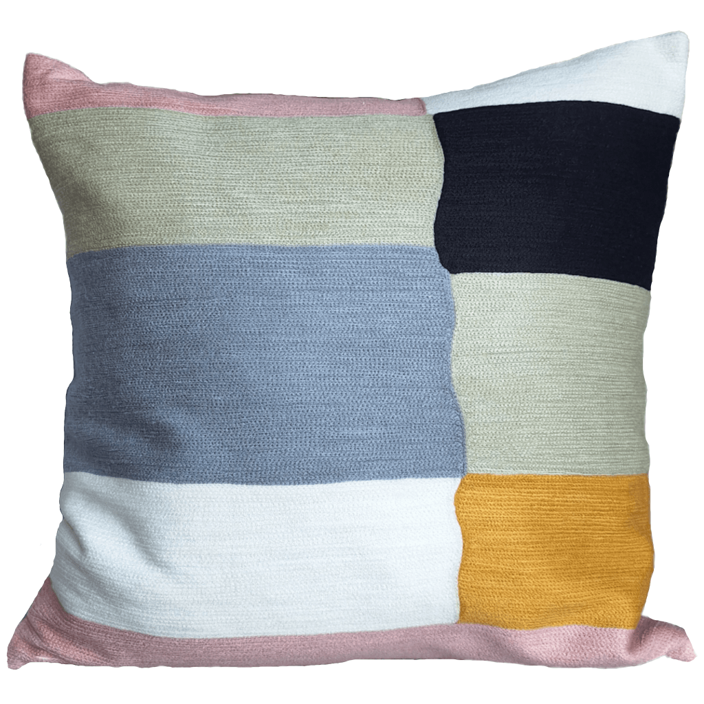 Geos Embroidered Cushion showcasing vibrant colors and intricate stitching details.