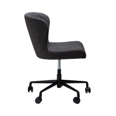 A black fabric office chair with a fabric seat and metal frame, equipped with wheels and adjustable height mechanism.