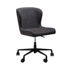 A black fabric office chair with a fabric seat and metal frame, equipped with wheels and adjustable height mechanism.