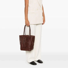 Dragon Diffusion Grace Cannage Dark Brown woven leather tote bag with two top handles.