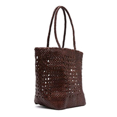 Dragon Diffusion Grace Cannage Dark Brown woven leather tote bag with two top handles.