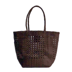 Dragon Diffusion Grace Cannage Dark Brown woven leather tote bag with two top handles.