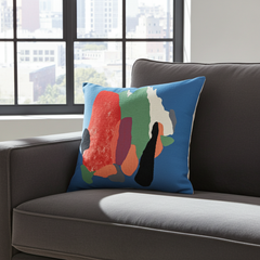 Florent Groc Cushion - Col d'Arsine with abstract multicolored shapes on a blue background, artwork by artist Florent Groc