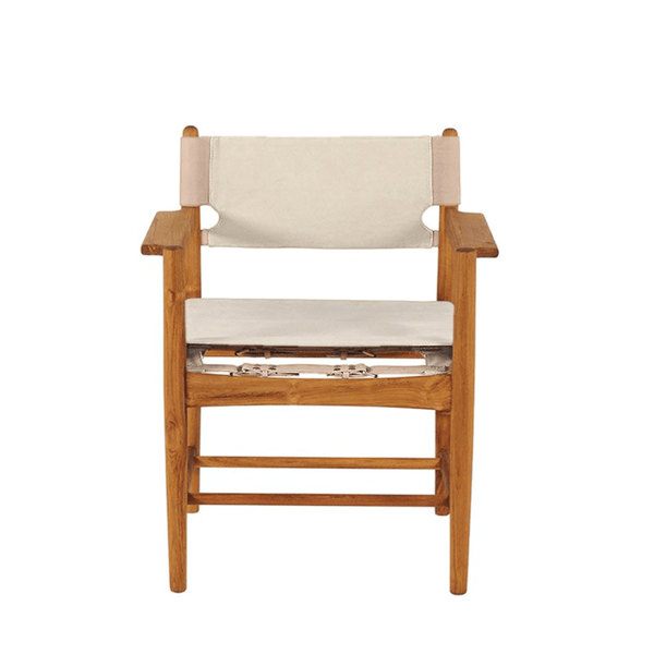 Teak Kenya Armchair Cotton Canvas in sand colour cushioned seat and backrest. The seat is supported with saddle leather belt with brass buckle.