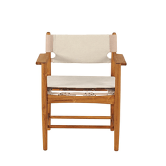 Teak Kenya Armchair Cotton Canvas in sand colour cushioned seat and backrest. The seat is supported with saddle leather belt with brass buckle.
