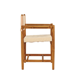 Teak Kenya Armchair Cotton Canvas in sand colour cushioned seat and backrest. The seat is supported with saddle leather belt with brass buckle.